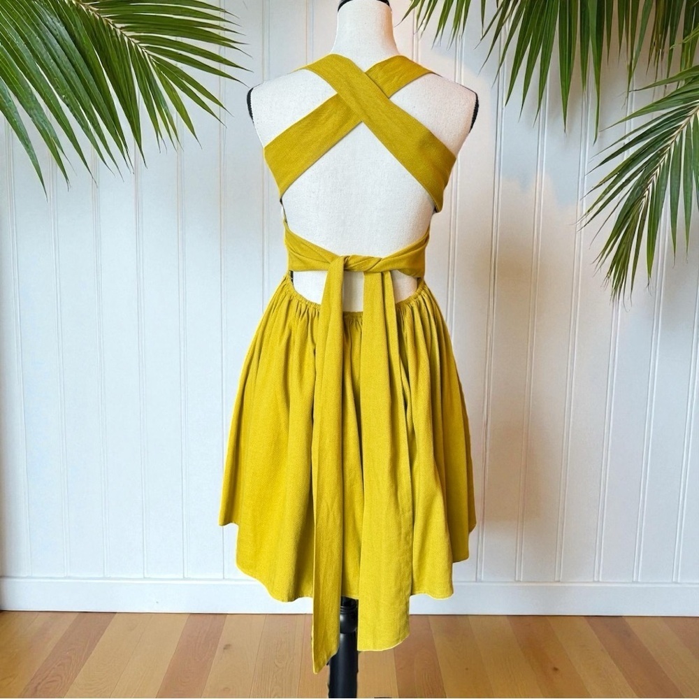 MIOU MUSE Mustard Yellow Linen Blend Crisscross Open Back Dress – Size M - Picture 5 of 16